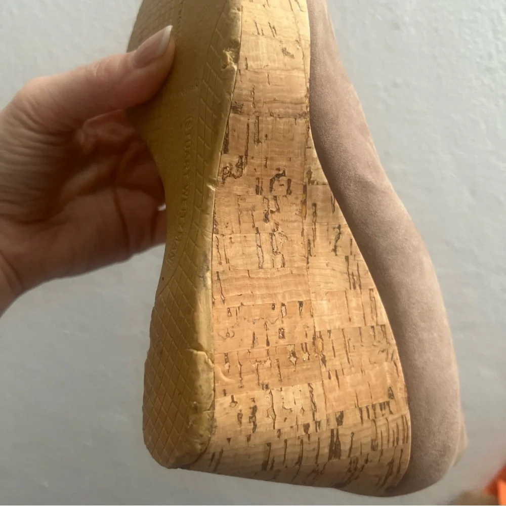 Stuart Weitzman Anna Wedge Peep Toe Designer Shoes Women Sz 8‎ Tan Suede Luxury
